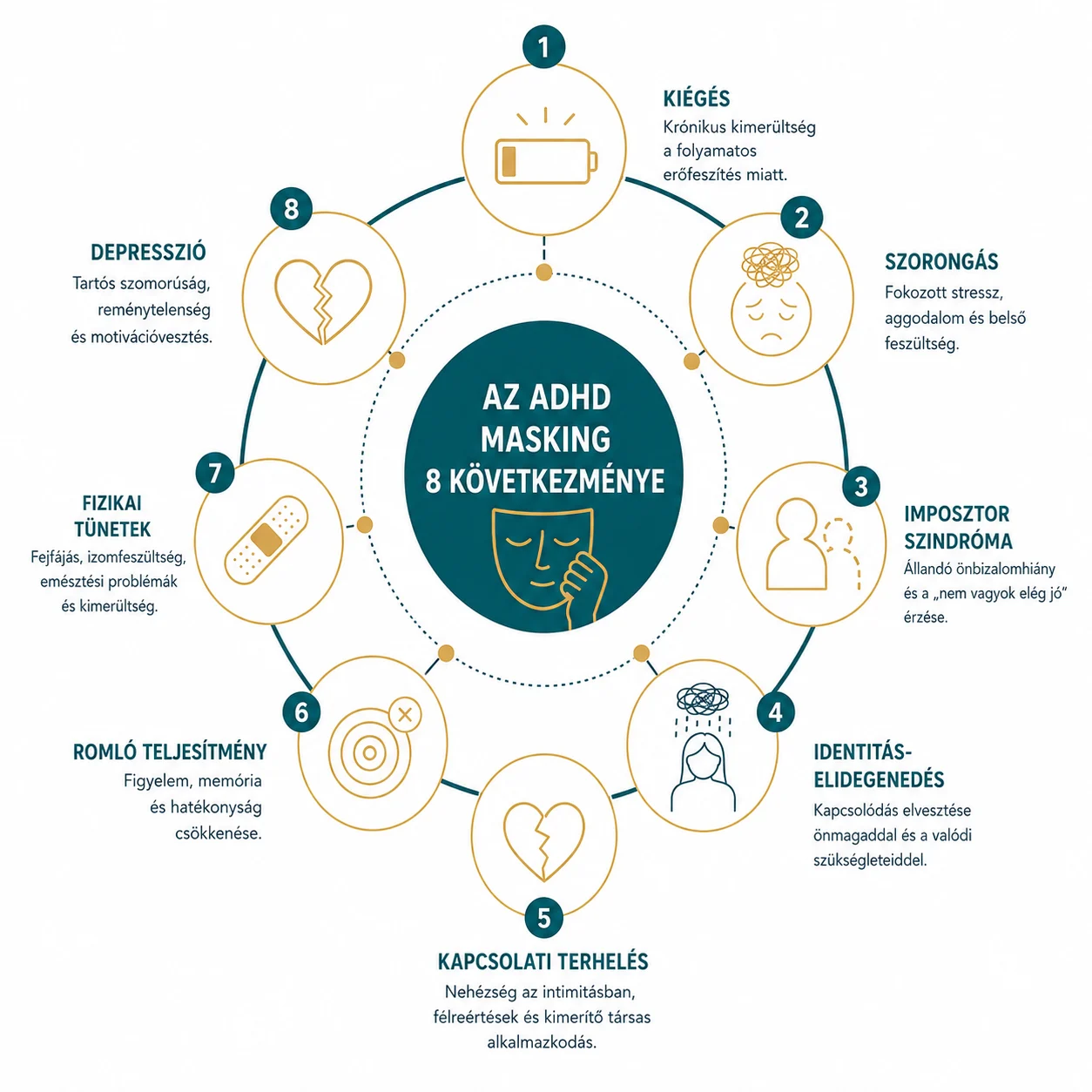 Az ADHD maszkolás és kiégés 8 következménye – infografika