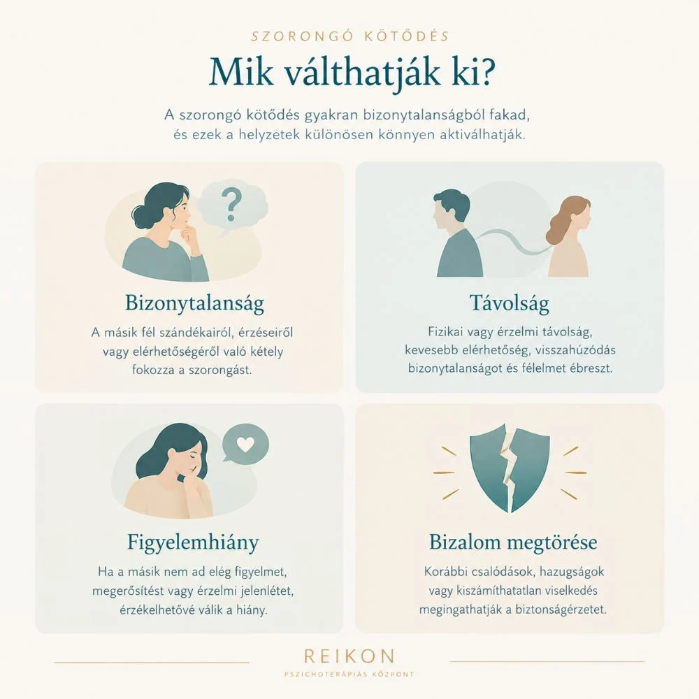 Infografika: mi válthatja ki a szorongó kötődést – bizonytalanság, távolság, figyelemhiány, bizalom megtörése